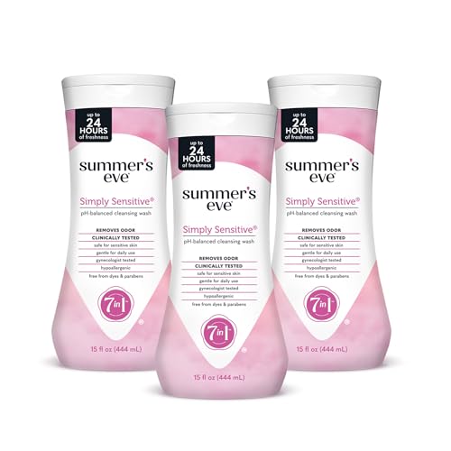 Summer's Eve Simply Sensitive All-Over Daily Feminine Wash, Gentle pH-Balanced Body Wash for Women, Removes Vaginal Odor, 15 Fl Oz, Pack of 3