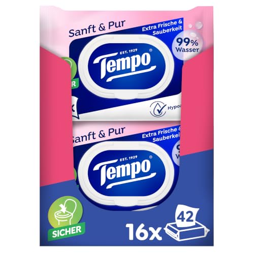 (-24%) Tempo Feuchte Toilettentücher "Sanft & Pur" - Megapack - 16 Packungen mit je 42 Tüchern - Duo Packs - feuchtes Toilettenpapier, dermatologisch getestet und pH-hautneutral