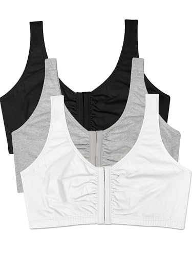 Fruit of the Loom womens Front Closure Cotton Sports Bra, Black/White/Heather Grey 3-pack, 36 US