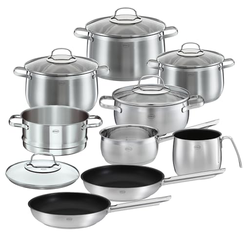 RÖSLE ELEGANCE GLOBE Topfset 10-tlg., 6 hochwertige Kochtöpfe, 1 Dämpfeinsatz, 2 Bratpfannen im Set, Edelstahl 18/10, mit Glasdeckel, spülmaschinengee