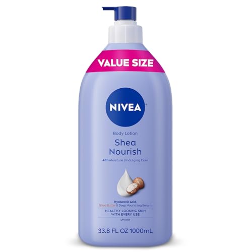 NIVEA Shea Nourish Body Lotion for Dry Skin with Hyaluronic Acid, Shea Butter and Deep Nourishing Serum, 48-Hour Body Moisturizer, 33.8 Fl Oz Value Size Pump Bottle