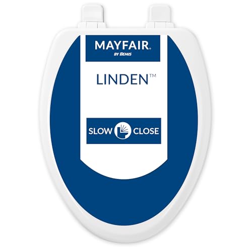 Mayfair Linden Slow Close Toilet Seat, Non Slip Heavy Duty Wood, Easy Install, Elongated, White