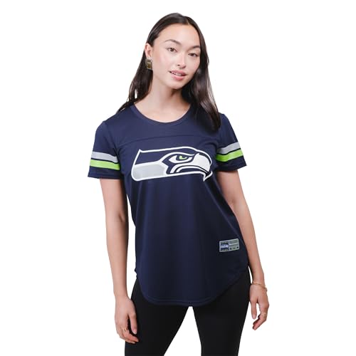 Ultra Game NFL Seattle Seahawks Womenss Soft Mesh Jersey Varsity Stripe Jock Tag Crew Neck Tee Shirt Top, Team Color, Small
