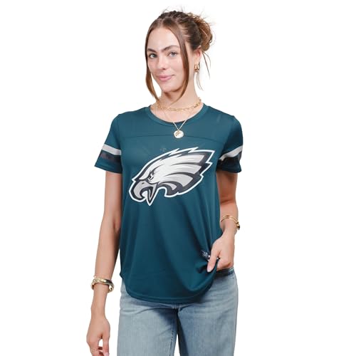 Ultra Game NFL Philadelphia Eagles Womenss Soft Mesh Jersey Varsity Stripe Jock Tag Crew Neck Tee Shirt Top, Team Color, Small