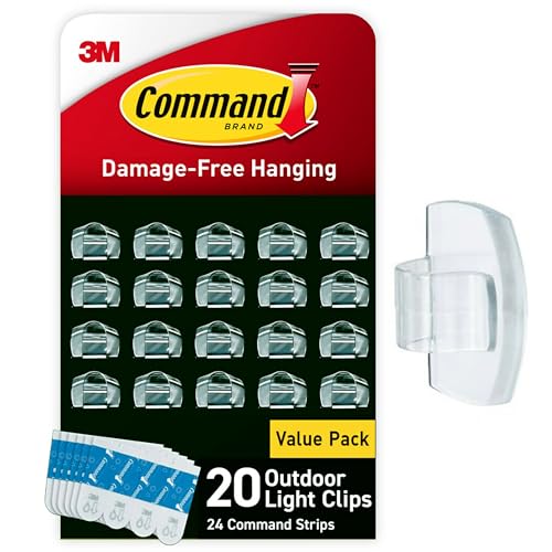 Command Outdoor Light Clips, 20 Clear Organizers and 24 Strips, Damage-Free Hanging with Weather Resistant Adhesives, Hooks for Outdoor String Lights