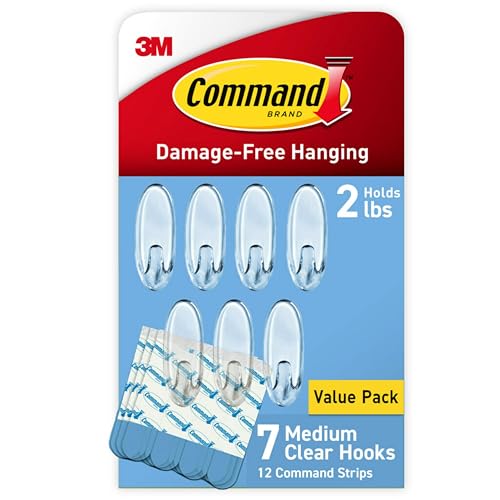 Command Medium Clear Wall Hooks, 7 Wall Hooks and 12 Command Strips, Damage-Free Hanging with Adhesive, Great for Hanging Home Decor, Holds up to 2 lb