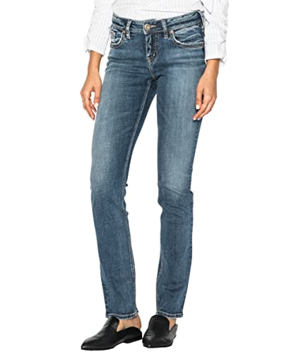 Silver Jeans Co. Women's Suki Mid Rise Curvy Fit Straight Leg Jeans, Medium Sandblast, 29W x 32L