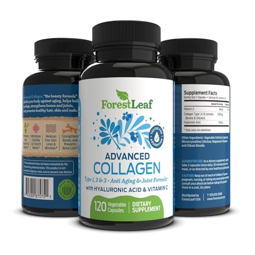 ForestLeaf Multi Collagen Pills with Hyaluronic Acid + Vitamin C | Hydrolyzed Collagen Supplements for Women or Men | Multi Collagen Capsules Peptides for Skin, Wrinkles, 120 Caps