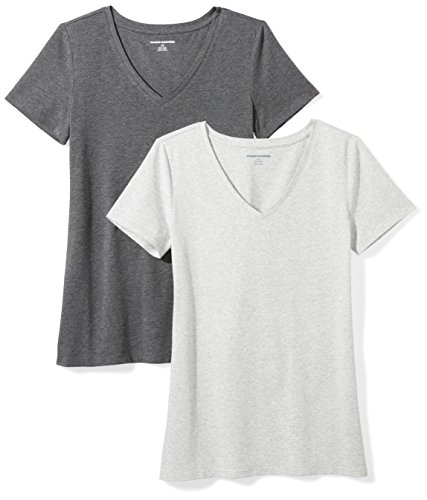 Amazon Essentials Women's Regular-Fit Short-Sleeve V-Neck T-Shirt, Pack of 2, Charcoal Heather/Light Grey Heather, Large