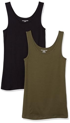 Amazon Essentials Women's Slim-Fit Tank Top, Pack of 2, Black/Olive, Medium