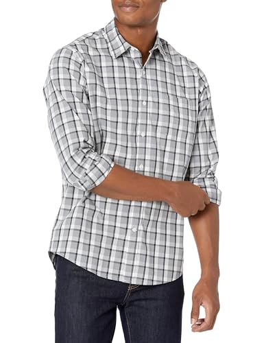 Amazon Essentials Men's Regular-Fit Long-Sleeve Casual Poplin Shirt, Grey Plaid, X-Large