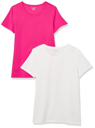 Amazon Essentials Women's Regular-Fit Short-Sleeve Crewneck T-Shirt, Pack of 2, Bright Pink/White, Large