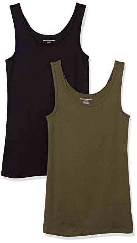 Amazon Essentials Women's Slim-Fit Tank Top, Pack of 2, Black/Olive, X-Small