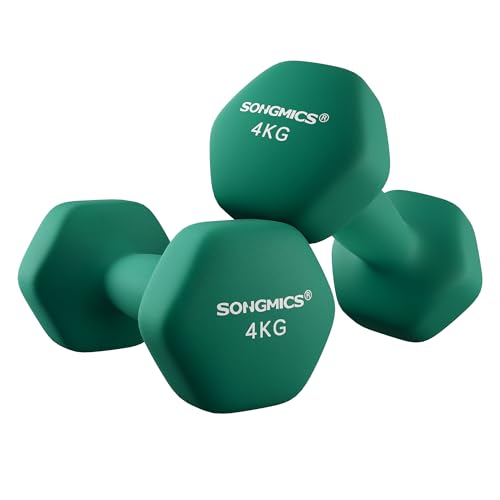 SONGMICS Halters, Set van 2, 2 x 4 kg, Gietijzer met Neopreen Coating | Zeshoekige Dumbbells, Antislip en Anti-Rol, voor Krachttraining, 20,5 x 9,5 x 9 cm, Groen, STEFAN Collectie SYL68GN