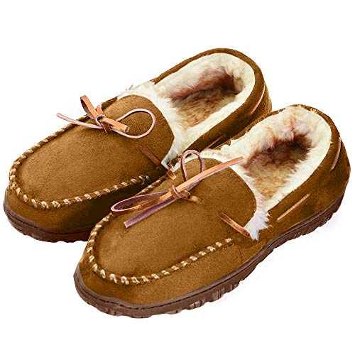 VLLy Mens Moccasin Slippers with Memory Foam Arch Support, Non Slip Rubber Sole House Shoes for Men Machine Washable Warm Fleece Lined Indoor Outdoor Home Shoes Brown Size 11 US