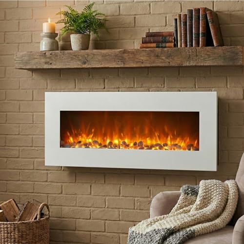 Northwest Wall Mounted Electric Fireplace - 50-Inch Heat-Free Wall Mounted Fireplace with 10 Color Changing LED Flames, 3 Background Options, and Remote Control (White)
