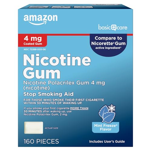 Amazon Basic Care Coated Nicotine Polacrilex Gum 4 mg, Ice Mint Flavor, Stop Smoking Aid, 160 Count