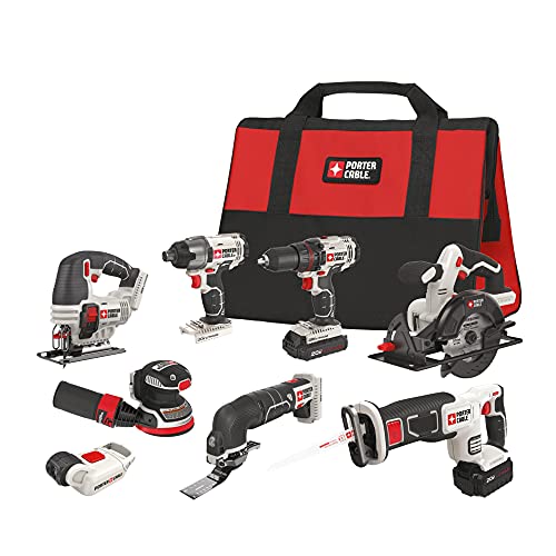 PORTER-CABLE 20V MAX 8-Tool Combo Kit Cordless Drill and Impact Driver, Circular and Reciprocation Saw, Jigsaw, Orbital Sander, Oscillating Tool, Flashlight (PCCK6118)