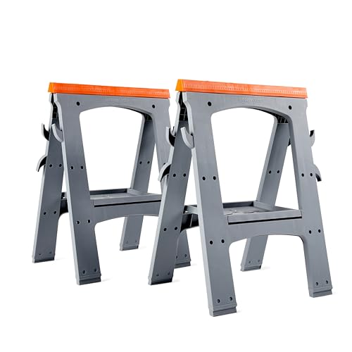 Amazon Basics Rectangular Folding Sawhorse - Set of 2, 900 Pound Capacity, Orange and Grey
