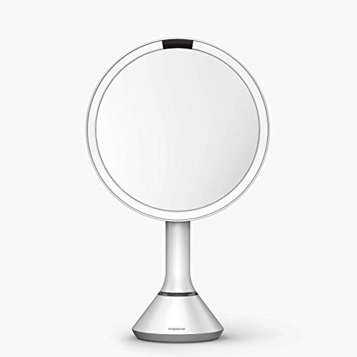 simplehuman 8" Round Sensor Makeup Mirror with Touch-Control Brightness, 5X Magnification, Rechargeable and Cordless, White Stainless Steel