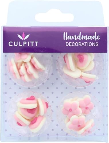 Culpitt Pink Mini Hearts and Flowers Sugar Pipings, Royal Icing, Hand Made Decorations for Cupcakes, Cakes, Cookies, 24 Piece
