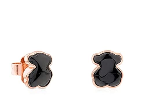 TOUS Rose Vermeil Silver Earrings for Women with Onyx & Bear Motif, Size: 0.7 cm. Motif Collection
