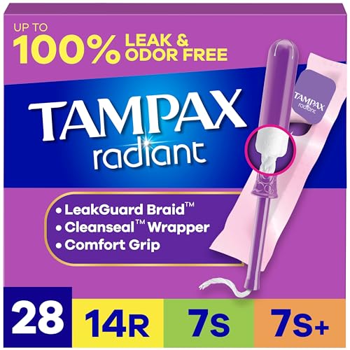 Tampax Radiant Tampons for Women Multipack, with LeakGuard Braid, Regular/Super/Super Plus Absorbency, Unscented, 112 Count (4 Packs of 28)