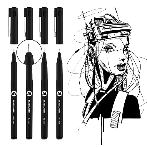 MOLOTOW Blackliner Pen 4-Pen Set 1 - .05mm, .1mm, .2mm, .4mm Tips, 1 Set Each (200.486)