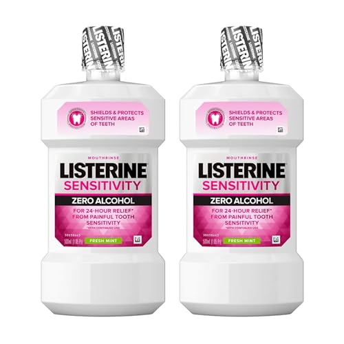 Listerine Sensitivity Alcohol Free Mouthwash, for Sensitive Teeth, Bad Breath Treatment, Oral Rinse for Adults; Fresh Mint Flavor, 500 mL, 2 Pack