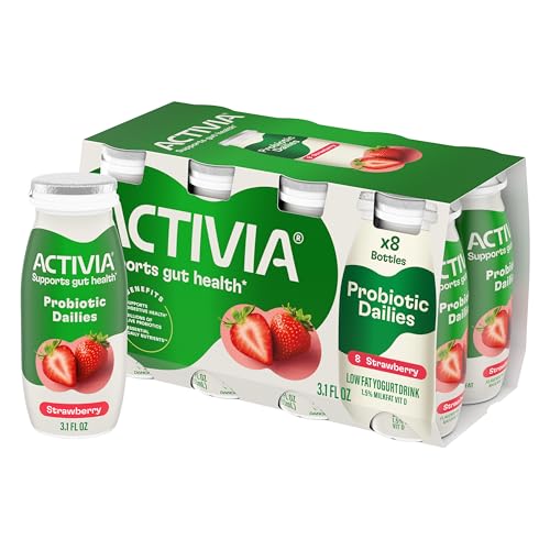 Activia Probiotic Dailies Strawberry Lowfat Yogurt Drinks, Delicious Daily Probiotic Yogurt Smoothie Drinks to Help Support Gut Health, 8 Ct, 3.1 FL OZ