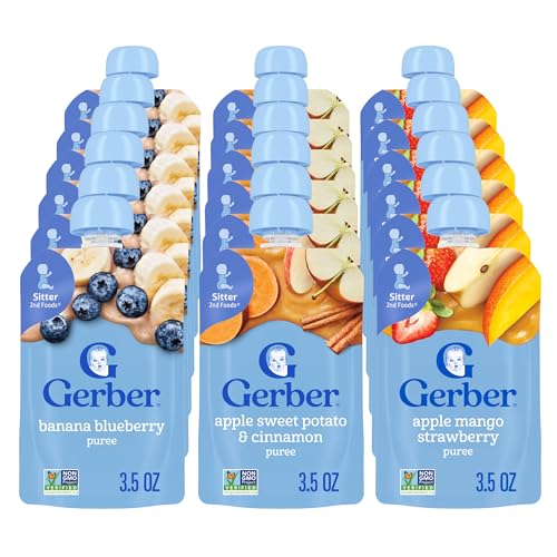Gerber Stage 2 Baby Food, Apple Sweet Potato Cinnamon, Apple Mango Strawberry, and Banana Blueberry Puree Pouches, 18-Pack
