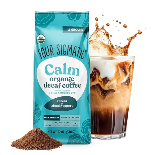 Four Sigmatic Calm Organic Decaf Ground Coffee | Swiss Water Decaf Coffee with Chaga & Reishi Mushroom Extracts | 12oz Bag