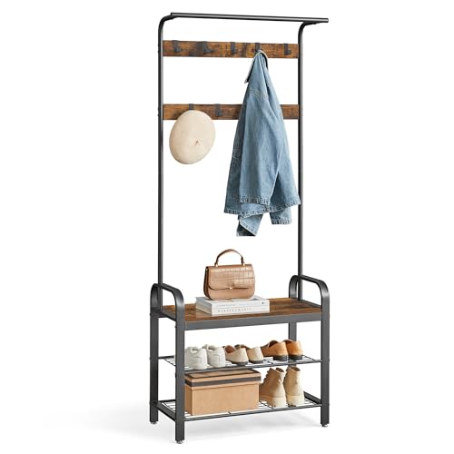 VASAGLE Coat Rack, Hall Tree with Shoe Bench for Entryway, Entryway Bench with Coat Rack, 4-in-1, with 9 Removable Hooks