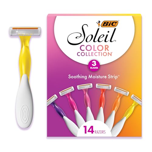 BIC Soleil 3 Colors Women's Disposable with 3 Blade Razors, Aloe Vera and Vitamin E Lubricating Strip for Enhanced Glide, 14-Pack, Stocking Stuffers for Women