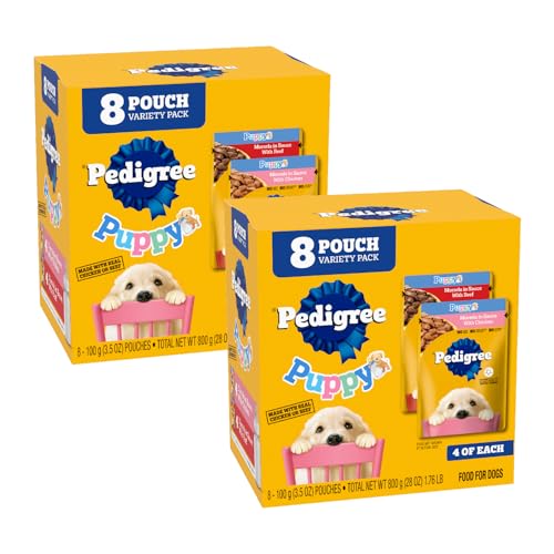 Pedigree Puppy Soft Wet Dog Food Variety Pack, 3.5 oz. Pouches, 8 Count (Pack of 2)