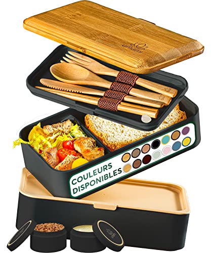 Umami Bento Box All-in-1 w/ 4 Utensils, 100% Leakproof, Dishwasher & Microwave Safe Lunch Containers for Adults w/ 4 Compartments, Black & Tan, 50 oz