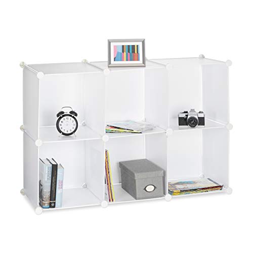 Relaxdays Shelving System with 6 Compartments, Open Standing Shelf, Modular Plastic Wardrobe, H x W x D: 65 x 96 x 32 cm, White