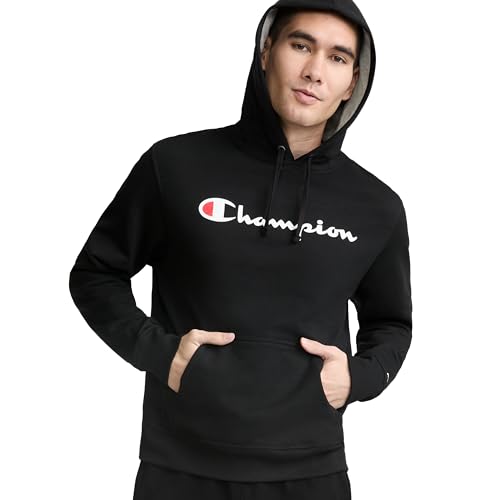 Champion Men's Pullover Fleece Hoodie, Standard Fit, Midweight, Available in Regular and Big & Tall, Black-Classic Script Logo, Medium