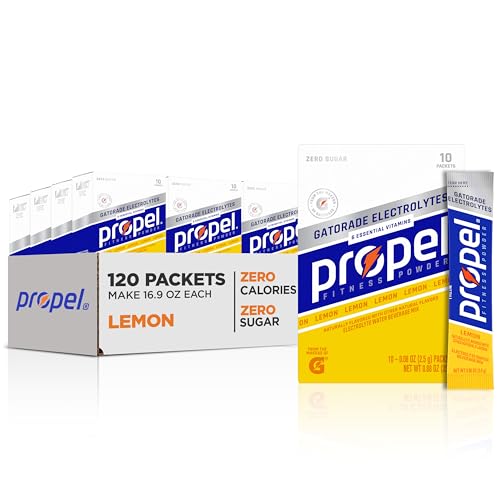 Propel Electrolyte Enhanced Water Drink Mix Powder Packets, Lemon, Zero Calorie & Zero Sugar Hydration with Electrolytes and Vitamins C & E (120 Packets)