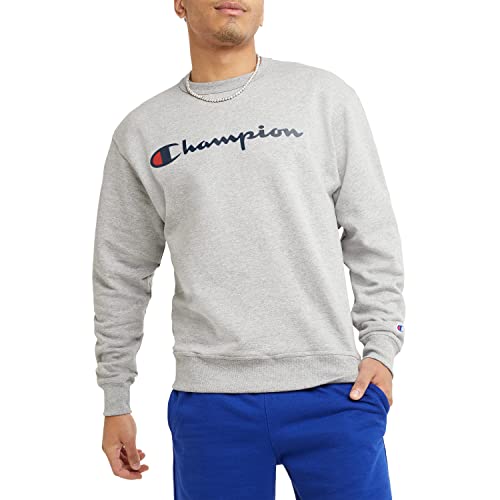 Champion Men's Crewneck Fleece Sweatshirt, Standard Fit, Midweight, Script Logo, Available in Regular and Big & Tall, Oxford Gray - Classic Script Logo, Large