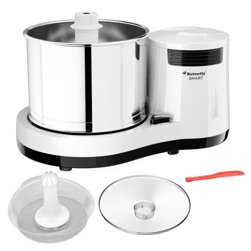Butterfly Smart 2 Litres Table-Top Wet Grinder|150 Watts|Shockproof ABS Body| Coconut Scrapper Attachment|2 stones with 4-Way Grinding| Stainless Stee