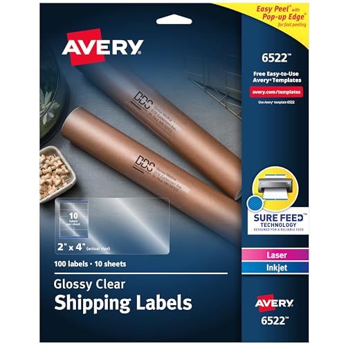 Avery Printable Shipping Labels with Sure Feed, 2" x 4", Glossy Crystal Clear, 100 Blank Mailing Labels (6522)