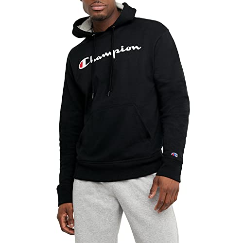 Champion Men's Pullover Fleece Hoodie, Standard Fit, Midweight, Available in Regular and Big & Tall, Black-Classic Script Logo, X-Large