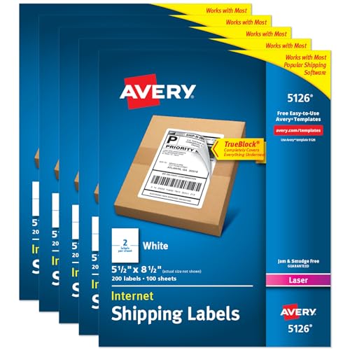 Avery Half-Sheet Printable Shipping Labels, 5.5" x 8.5" Customizable Stickers, White, 1,000 Blank Mailing Labels Total, Great for Mailing, Shipping, Organizing, and More (5-Pack of 5126)