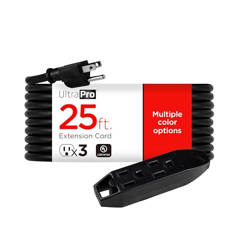 UltraPro 25 Ft Outdoor Extension Cord 3 Outlet Extension Cords Outlet Power Strip Long Extension Cord with Multiple Outlets Grounded Heavy Duty Extension Cord 16 Gauge UL Listed Black 36825-T1