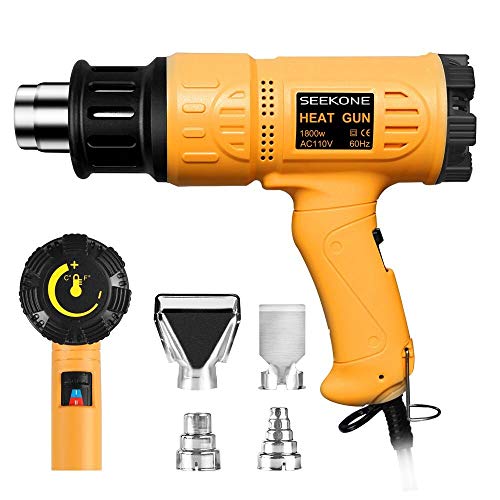 SEEKONE Heat Gun 1800W 122℉-1202℉（50℃- 650℃）Fast Heating Heavy Duty Hot Air Gun Kit Variable Temperature Control Overheat Protection with 4 Nozzles for Crafts, Shrinking PVC, Stripping Paint(5.2FT)