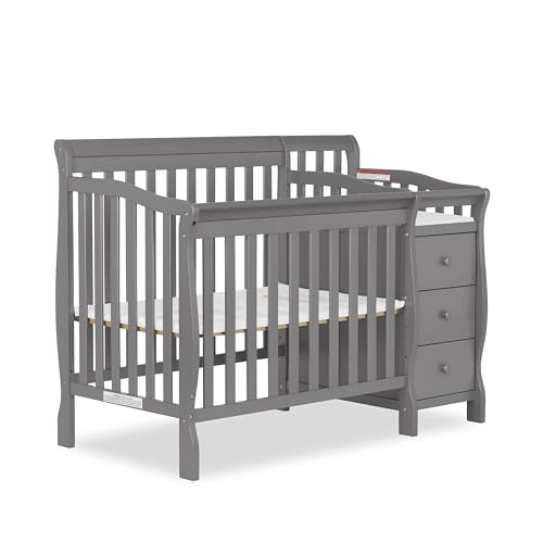 Dream On Me Jayden 4‑in‑1 Mini Convertible Baby Crib & Changer with Storage, Steel Grey, Pinewood, GreenGuard Gold & JPMA, 1” Mattress Pad, 3 Mattress Heights, Converts to Mini Day & Twin-Size Bed