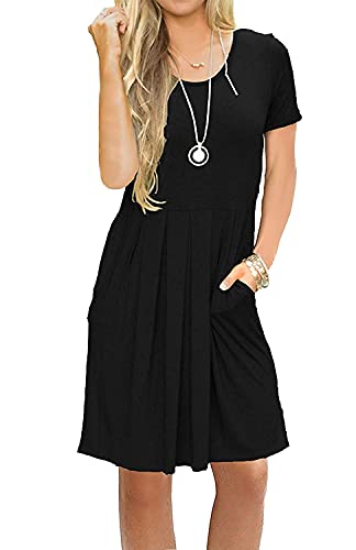 AUSELILY Women's Short Sleeve Summer Dress Pleated Loose Swing Knee Length Dresses with Pockets 2025 New Black M