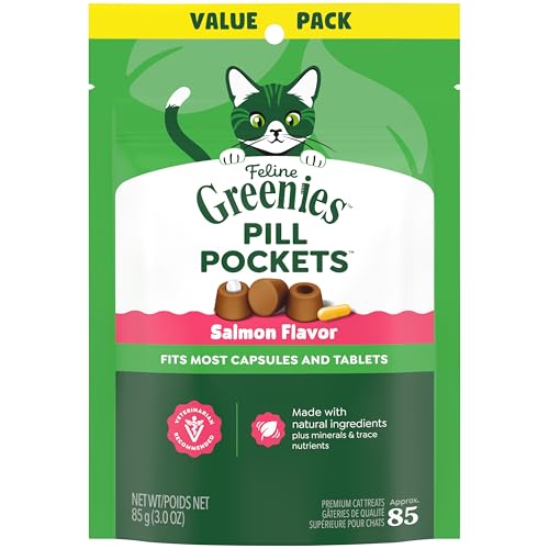 Greenies Feline Pill Pockets for Cats Natural Soft Cat Treats, Salmon Flavor, 3 oz. Pouch (85 Treats)