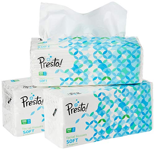Amazon Brand - Presto! 2 Ply Facial Tissue Box | 600 Pulls | 200 Pulls X 3 Cartons | Soft And Highly Absorbent | 100% Natural Virgin Cellulose Fiber A